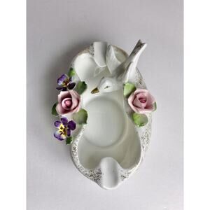Vintage Lefton Hand Painted Dove and Colorful Flowers White w/gold trim Ashtray